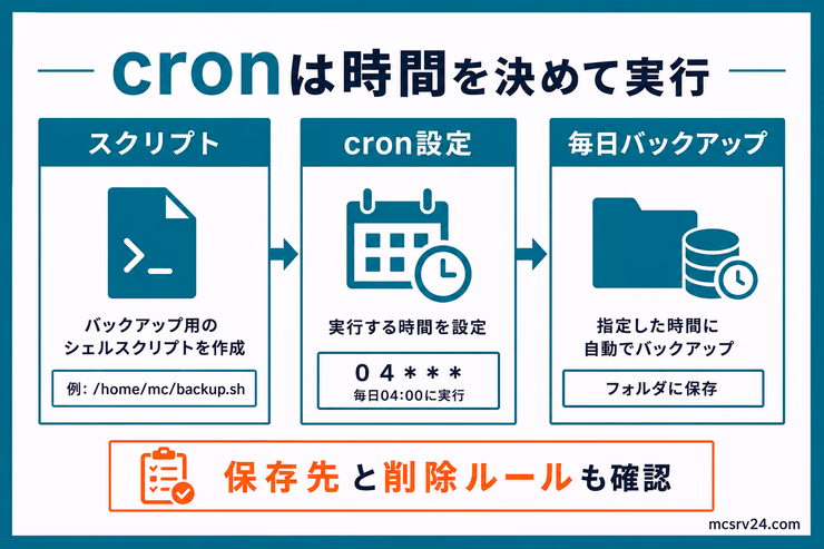 cronでバックアップを自動実行する流れ。スクリプト、cron設定、毎日バックアップの順番を示している