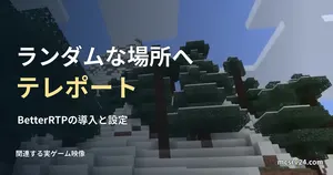 雪山とトウヒの実ゲーム画像と、BetterRTPによるランダムテレポートの見出し。転送操作の実行例ではない