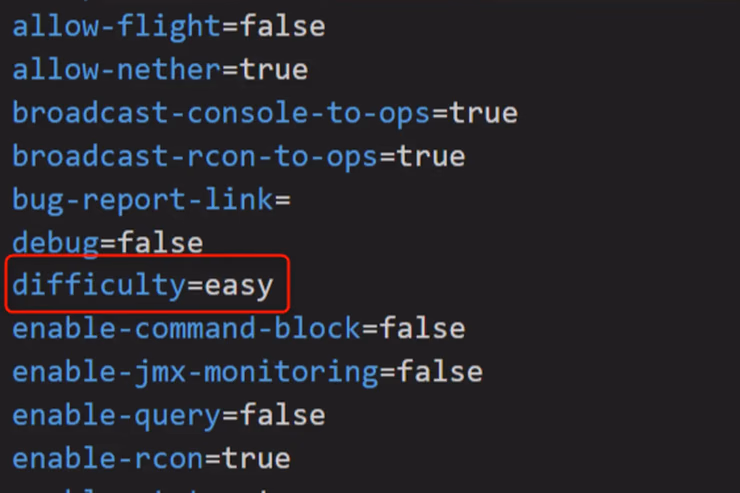 server.propertiesファイルをメモ帳で開き、difficulty設定の行を編集している画面