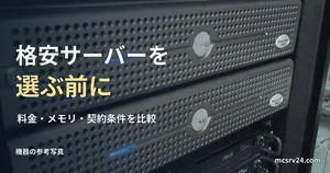 実物のラックサーバーの参考写真と、格安サーバーの料金・メモリ・契約条件を比較する見出し
