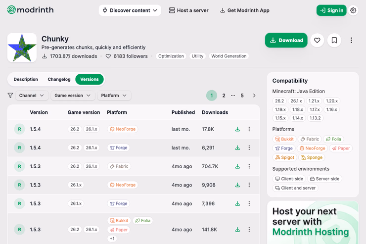 Chunky公式ModrinthのVersionsページ。マイクラバージョンとPlatformの絞り込み、PaperやFabricなどの対応行が表示されている