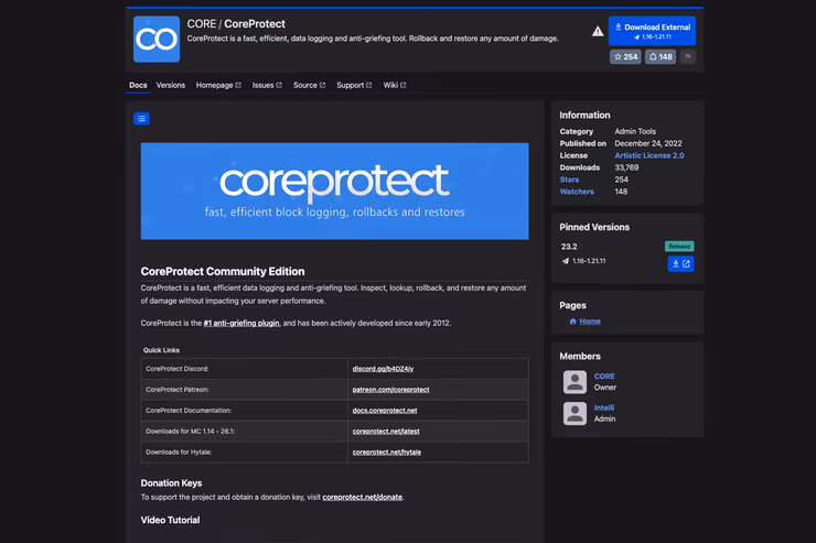 HangarのCoreProtectプラグインページ。ページ上部にDownload Externalボタンがあり、最新バージョンと対応Minecraftバージョンが表示されている