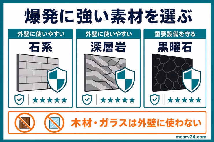 爆発に強い素材を比較する図解。石系、深い石系、黒い硬質素材と、木材やガラスの注意点を示している