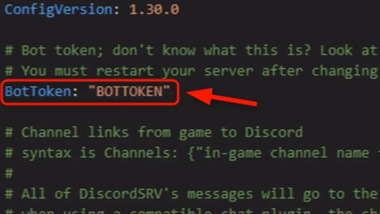 DiscordSRVのconfig.ymlでBotTokenにボットトークンを入力する箇所を示した画面