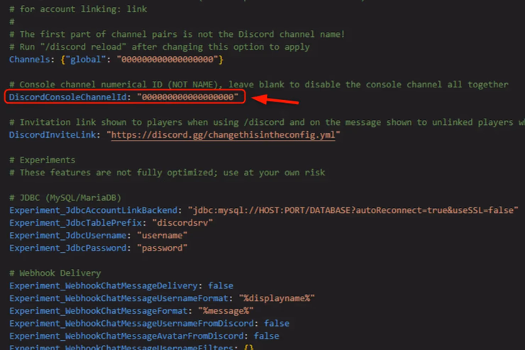 DiscordSRVのconfig.ymlでDiscordConsoleChannelIdにチャンネルIDを設定する箇所を示した画面