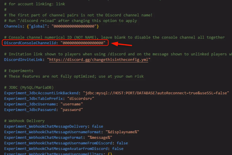 DiscordSRVのconfig.ymlでDiscordConsoleChannelIdにチャンネルIDを設定する箇所を示した画面