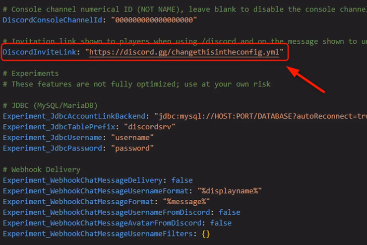 DiscordSRVのconfig.ymlでDiscordInviteLinkにDiscord招待リンクを設定する箇所を示した画面