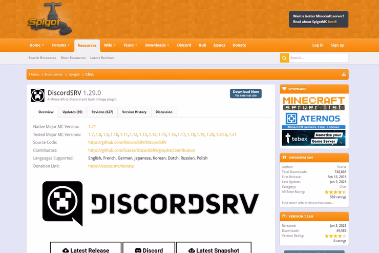 SpigotMCのDiscordSRVプラグインページ。ダウンロードボタンから最新版のJARファイルを入手している画面