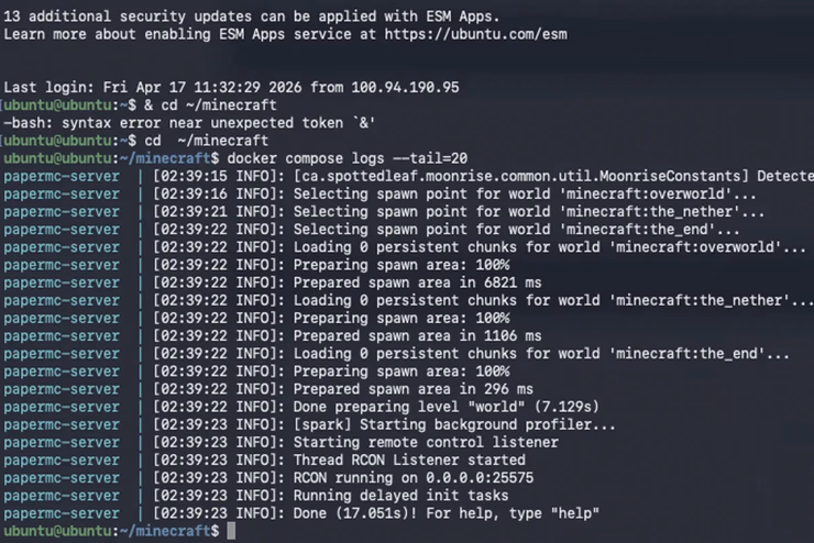 ターミナルでdocker compose logsコマンドを実行し、サーバー起動完了の「Done」メッセージが表示されている