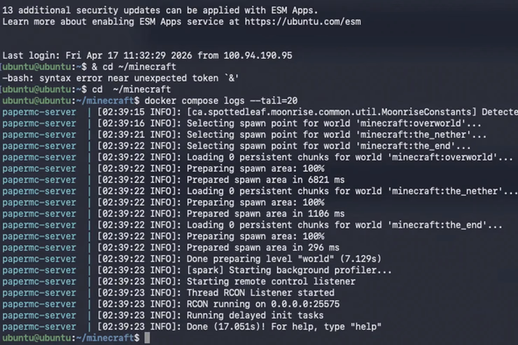 ターミナルでdocker compose logsコマンドを実行し、サーバー起動完了のDoneメッセージが表示されている