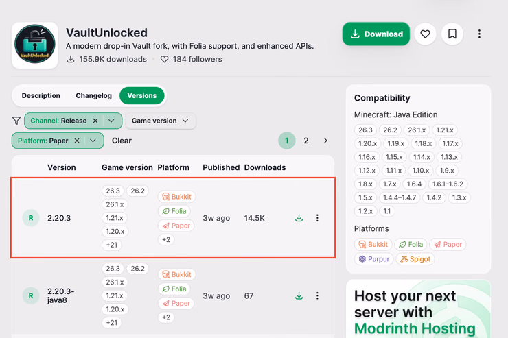 ModrinthのVaultUnlockedのVersionsページで、Paperで絞り込んだ一覧の一番上にある正式版の行を赤枠で示したスクリーンショット