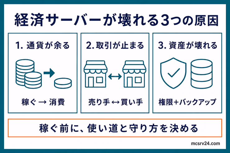 経済サーバーが壊れる通貨の余り、取引停止、通貨や在庫の破損という3つの原因を示す図解