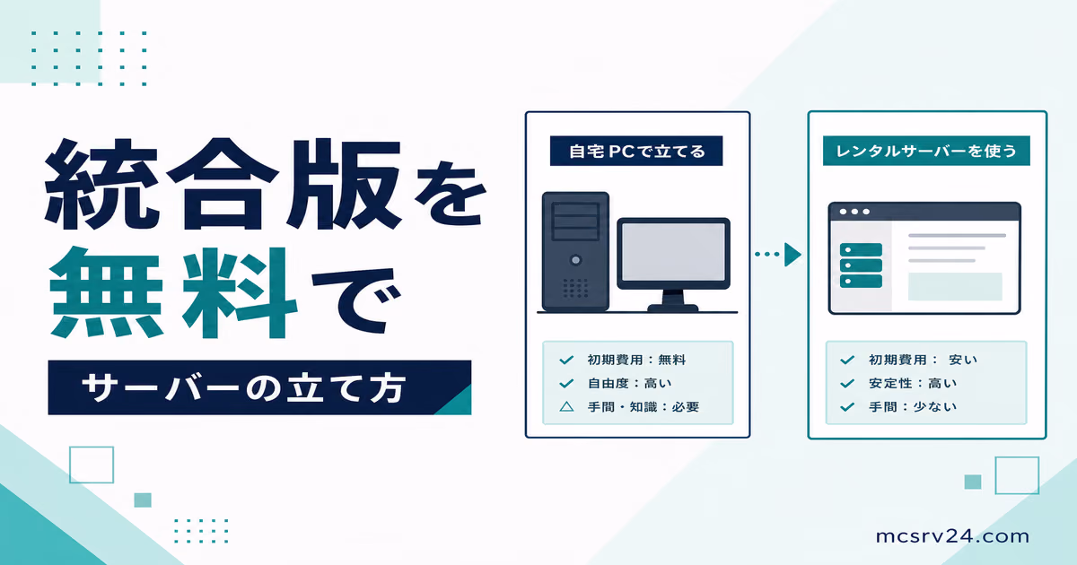 統合版マイクラサーバーを無料で立てる自宅ホストとAternosの2つの方法を示すサムネイル