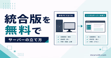 統合版マイクラサーバーを無料で立てる自宅ホストとAternosの2つの方法を示すサムネイル