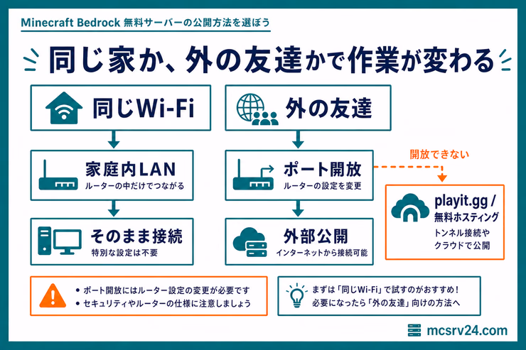 統合版無料サーバーを同じWi-Fiで遊ぶ場合と外部の友達を招待する場合に分け、ポート開放や代替手段を示す図解
