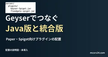 Paper・Spigot向けプラグインの配置を記した説明用ファイルを実際のテキストエディターで表示した画面(未実行)。Geyserでつなぐ Java版と統合版の記事見出し。