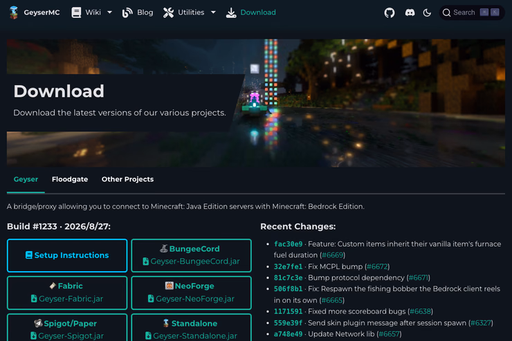 GeyserMC公式のDownloadページ。GeyserとFloodgateのタブ、Spigot/PaperやStandaloneなど環境別のダウンロードボタンが表示されている