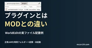 専用pluginsフォルダーに正規配布のWorldEdit Bukkit JARを置いて、実際のファイル管理アプリで表示した画面。サーバー起動や導入成功は未確認。プラグインとMODの違いを説明する記事見出し。
