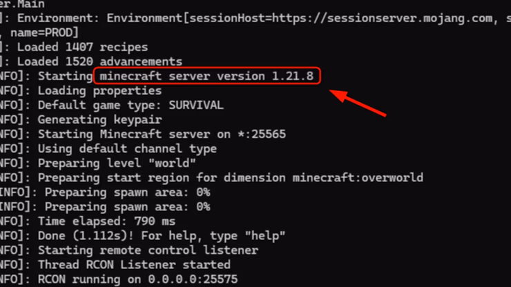 マイクラサーバー起動時のログ画面で「Starting minecraft server version 1.21.6」と表示されているスクリーンショット