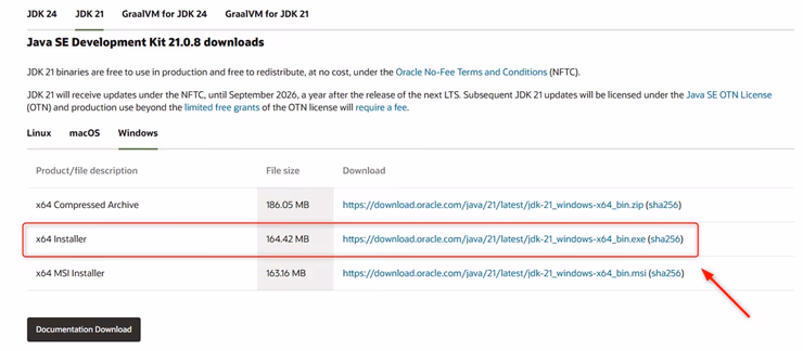 Oracle公式サイトでJDK 21の「Windows x64 Installer」をダウンロードしている画面のスクリーンショット