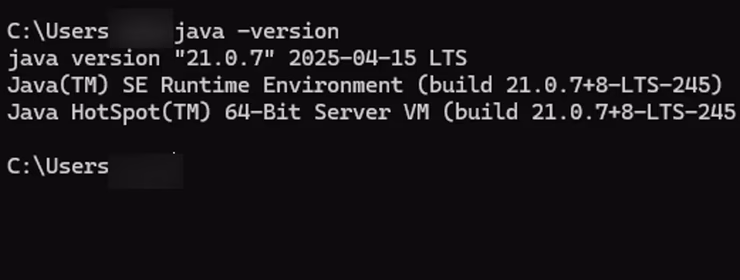 コマンドプロンプトで「java -version」コマンドを実行してJava 21のインストールを確認している画面