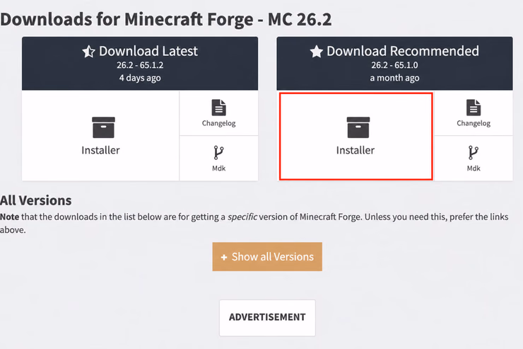 Minecraft Forge公式サイトの最新版とRecommended版のインストーラー選択画面