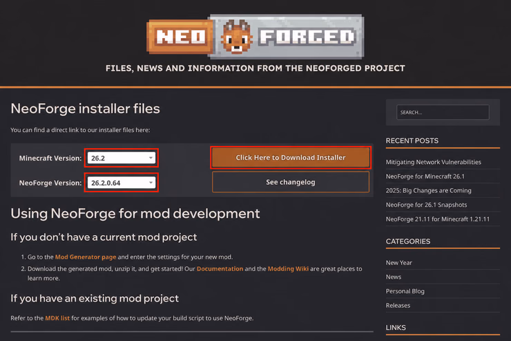 NeoForge公式サイトのMinecraftバージョンとNeoForgeバージョンを選ぶインストーラー画面