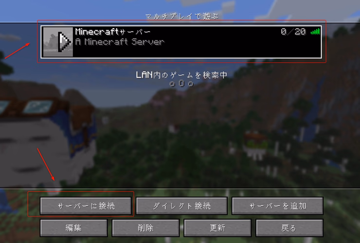 追加されたサーバーを選択して参加準備をしているマルチプレイ画面のスクリーンショット