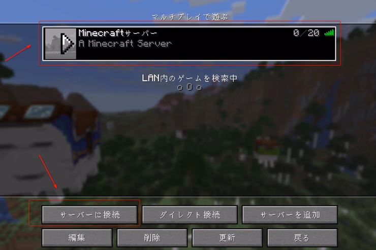 追加されたサーバーを選択して参加準備をしているマルチプレイ画面のスクリーンショット