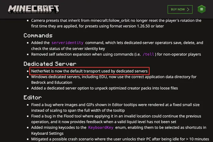 Minecraft公式サイトの統合版26.50の変更履歴で、Dedicated Serverの節にNetherNet is now the default transport used by dedicated serversと書かれた行を赤枠で囲んだ画面
