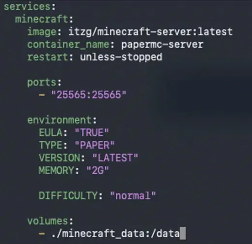 nanoで編集中のdocker-compose.ymlのコード部分。画像の設定例にはVERSIONがLATEST、MEMORYが2Gと記載されている