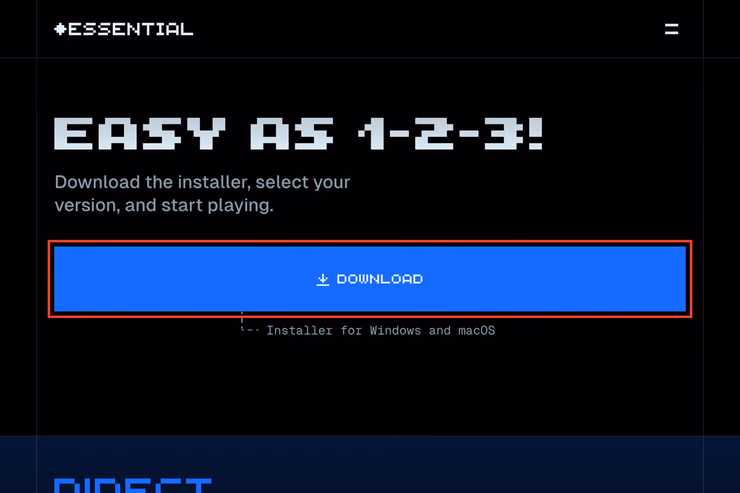 Essential公式のダウンロードページで、インストーラーを保存する青いDOWNLOADボタンを赤枠で示したスクリーンショット