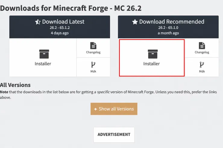 Minecraft Forge公式サイトの最新版とRecommended版のインストーラー選択画面