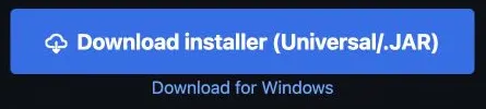 Fabric公式サイトのダウンロード部分の拡大。Universal/JARのインストーラーボタンとWindows用リンクが表示されている