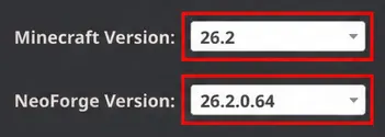 NeoForge配布ページの版選択欄の部分拡大。Minecraft Versionは26.2、NeoForge Versionは26.2.0.64と表示されている