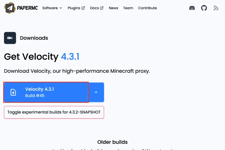 PaperMCのVelocityのダウンロードページで、最新ビルドの青いダウンロードボタンを赤枠で囲んだ画面
