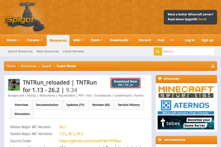 SpigotMCのTNTRun_reloadedの配布ページで、Download Nowのボタンを赤枠で囲んだ画面