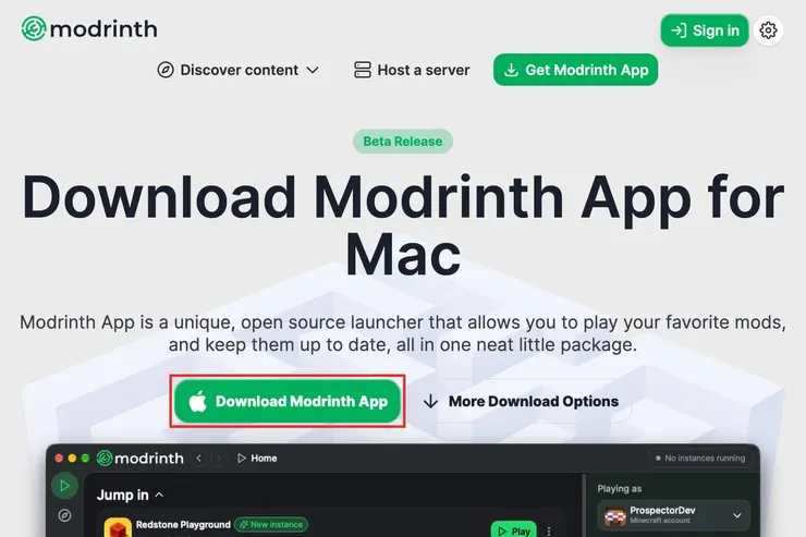 Modrinth Appのダウンロードページを開いた画面。Download Modrinth Appのボタンを赤枠で囲んでいる。Macで開いたため見出しはfor Macになっている