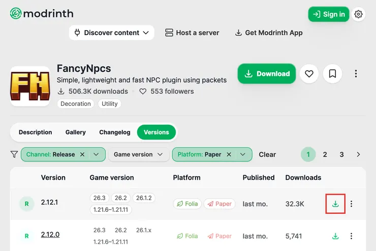 ModrinthのFancyNpcsのバージョン一覧で、ChannelをRelease、PlatformをPaperに絞り、最新版の行のダウンロードアイコンを赤枠で囲んだ画面