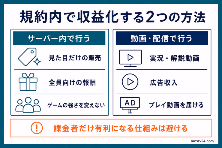 マイクラサーバーを規約内で収益化する代表的な方法。サーバー内の見た目販売や通貨、全員向け報酬、動画・配信の実況や広告収入を比較し、課金者だけ有利になる仕組みを避ける図解