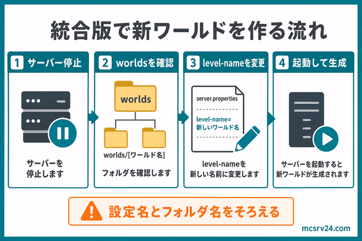 統合版サーバーで新しいワールドを作る流れ。サーバー停止、worlds確認、level-name変更、起動して生成の順番を示す図解
