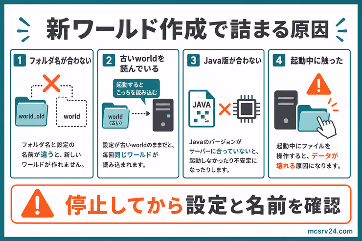 新ワールド作成で詰まる原因。フォルダ名、古いworld、Java版、起動中操作を確認する図解