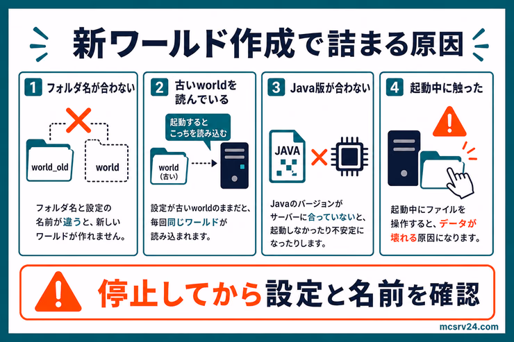 新ワールド作成で詰まる原因。フォルダ名、古いworld、Java版、起動中操作を確認する図解