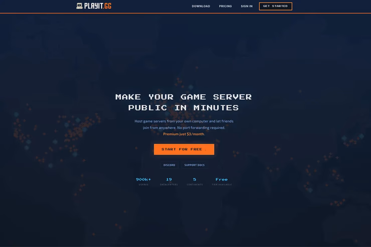 playit.ggの公式ウェブサイト画面。ポート開放不要でマイクラサーバーを公開するツールのトップページ