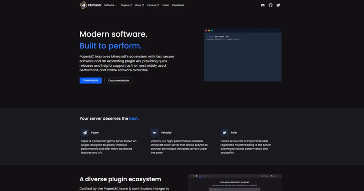 PaperMC公式サイトのダウンロードページ。青い「Downloads」ボタンから最新版JARファイルをダウンロードできる画面