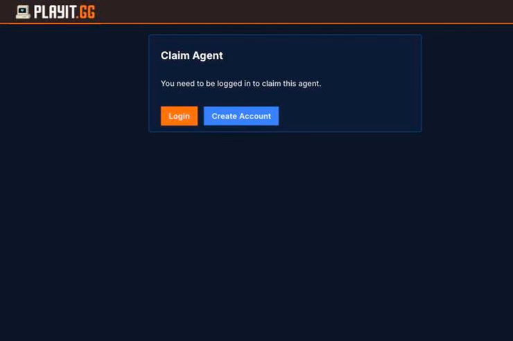 playit.ggでログインまたはアカウント作成を求める「Claim Agent」画面