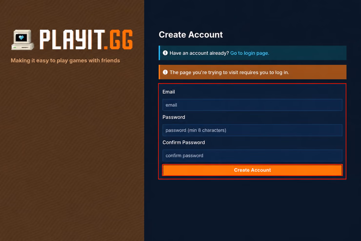 playit.ggの「Create Account」画面でメールアドレスとパスワードを入力している画面