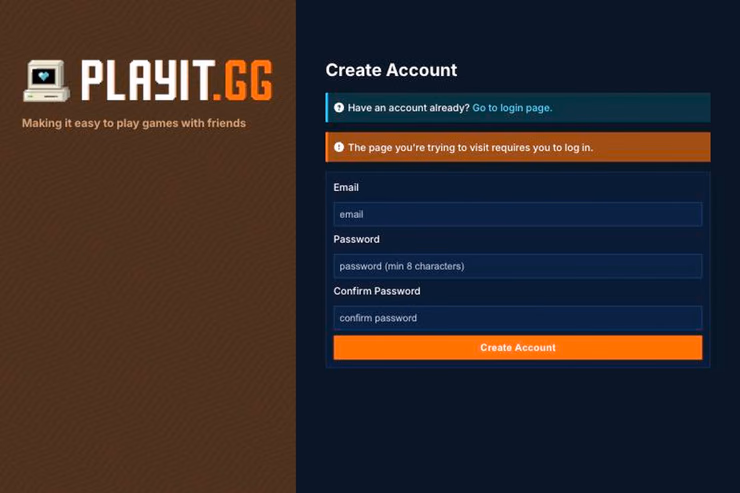 playit.ggの「Create Account」画面でメールアドレスとパスワードを入力している画面