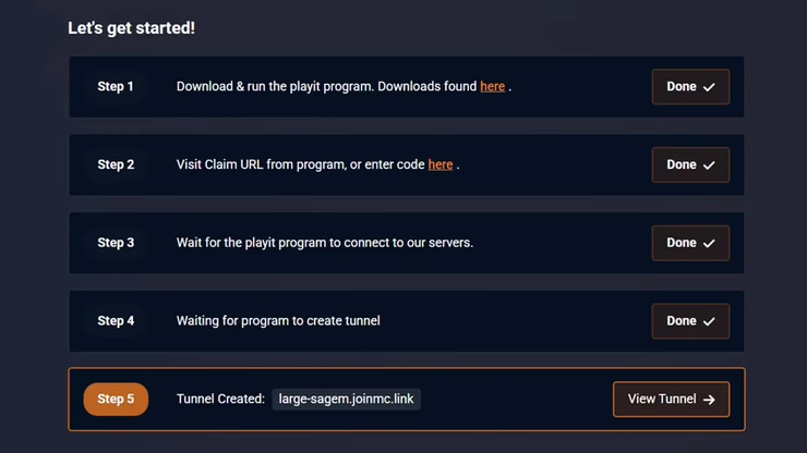 playit.ggの管理画面で発行されたサーバーアドレス「large-sagem.joinmc.link」を確認している画面