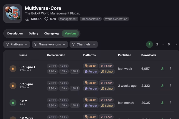 ModrinthのVersionsタブでGame versionとPlatformsを確認する画面